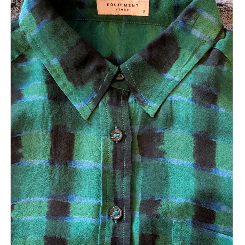 100% Silk Equipment Femme Sheer Green Blue Black Plaid Blouse | Size S - Picture 8 of 9